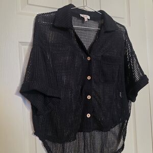 Black Button Down Mesh Shirt